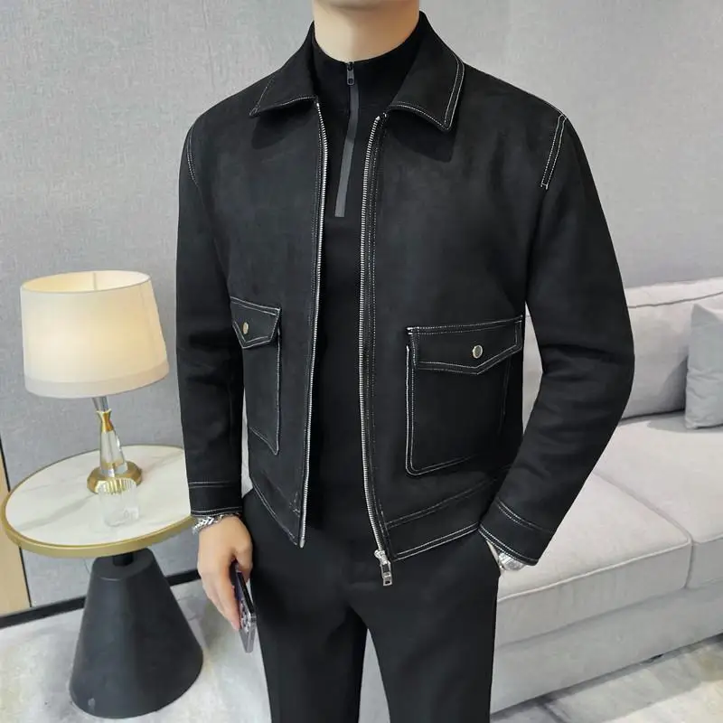 Men Jacket Turn Down Collar Suede Overcoat Men's Clothing Solid Color Zipper Designer Coat Business Casual Jacket Coffee 2025