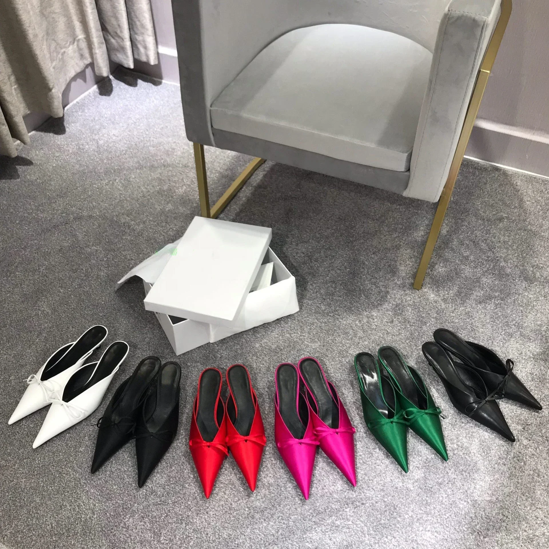 2024 New Pointed Half Pack Slippers Women's Bow Short Heel Cat and Muller Half Slippers