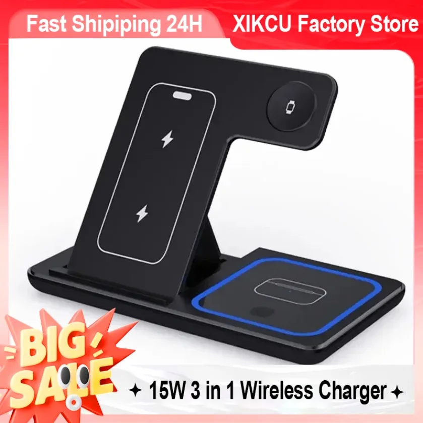 

XIKCU Fast Charging Dock Phone Wireless Chargers Station For iPhone 16 15 14 13 12 Pro Max Apple Watch 10/9/8/7/6 AirPods 3/2