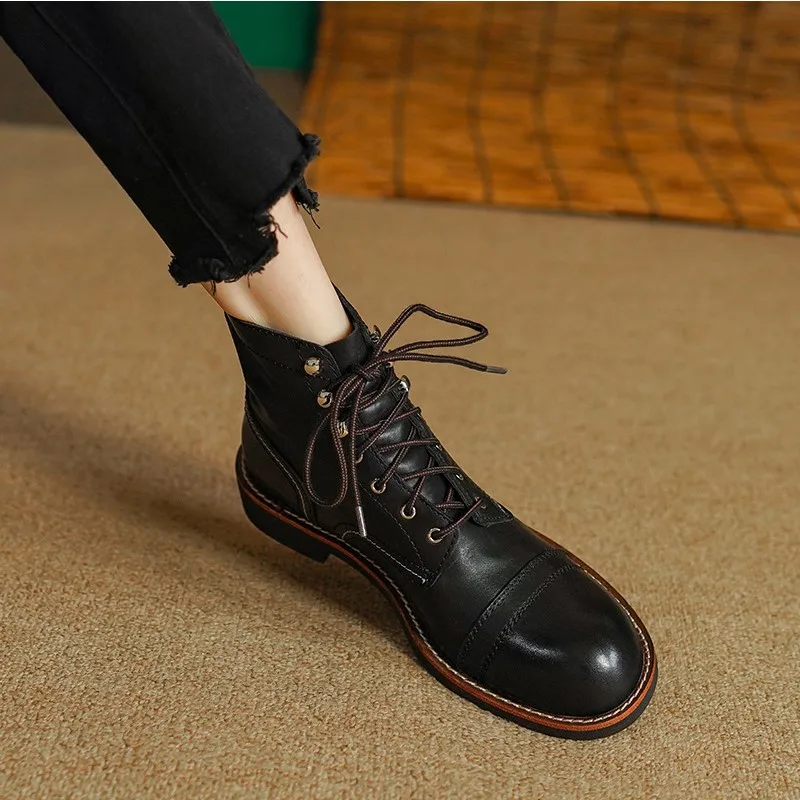 Lace-Up Ankle Boots Low Heel Winter Boots European Style Basic Shoes Woman Round Toe Cowhide Work Shoes Spring Autumn Botas