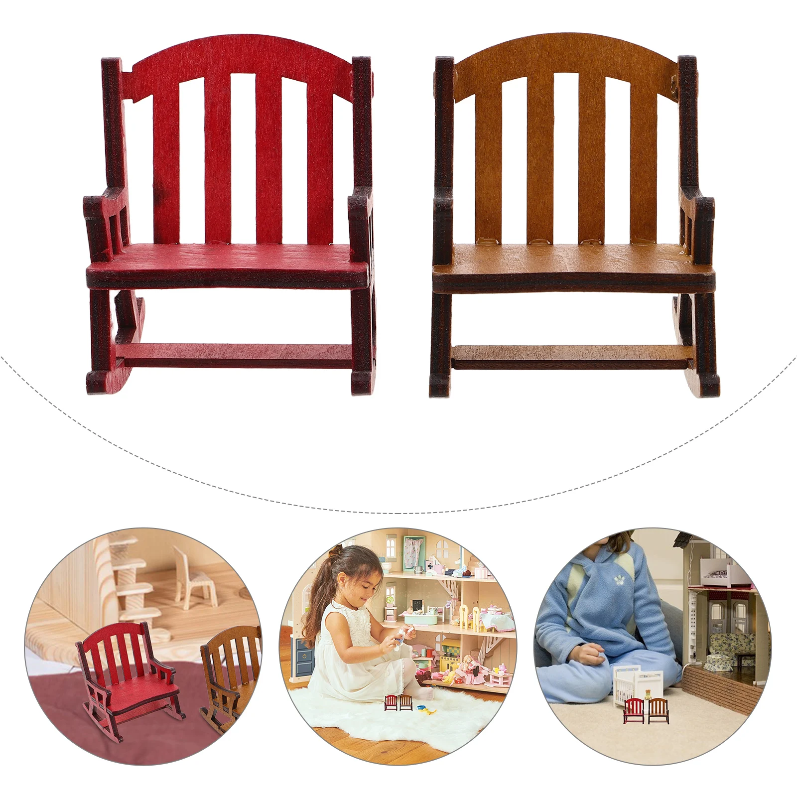 Cadeiras de balanço em miniatura, 2 peças, acessórios compactos de madeira para casa de bonecas, móveis de grão de madeira natural para fotografia, adereços para crianças