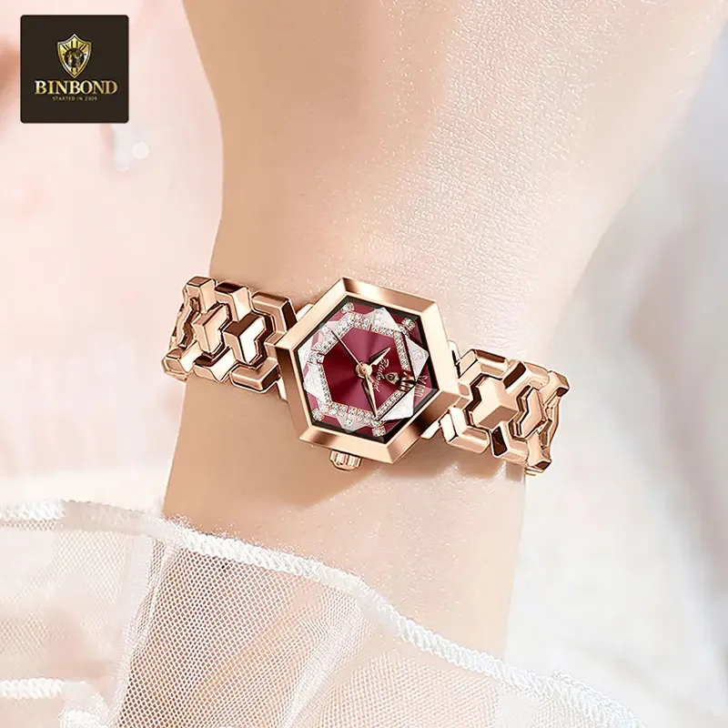 BINBOND ساعات نسائية أنيقة موضة المعين مرآة السيدات ساعة اليد مقاوم للماء مضيئة الماس الهاتفي ساعة كوارتز أصلية #4