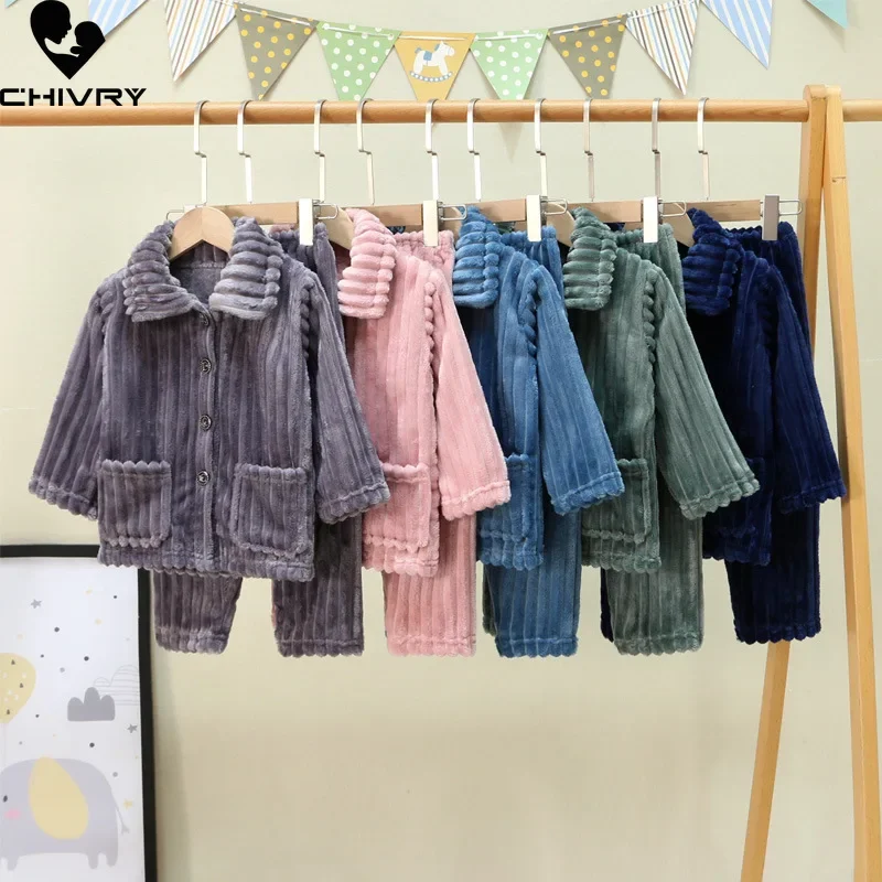 New 2022 Kids Boys Girls Autumn Winter Thick Warm Soft Flannel Pajama Sets Solid Lapel Tops with Pants Sleeping Clothing Sets