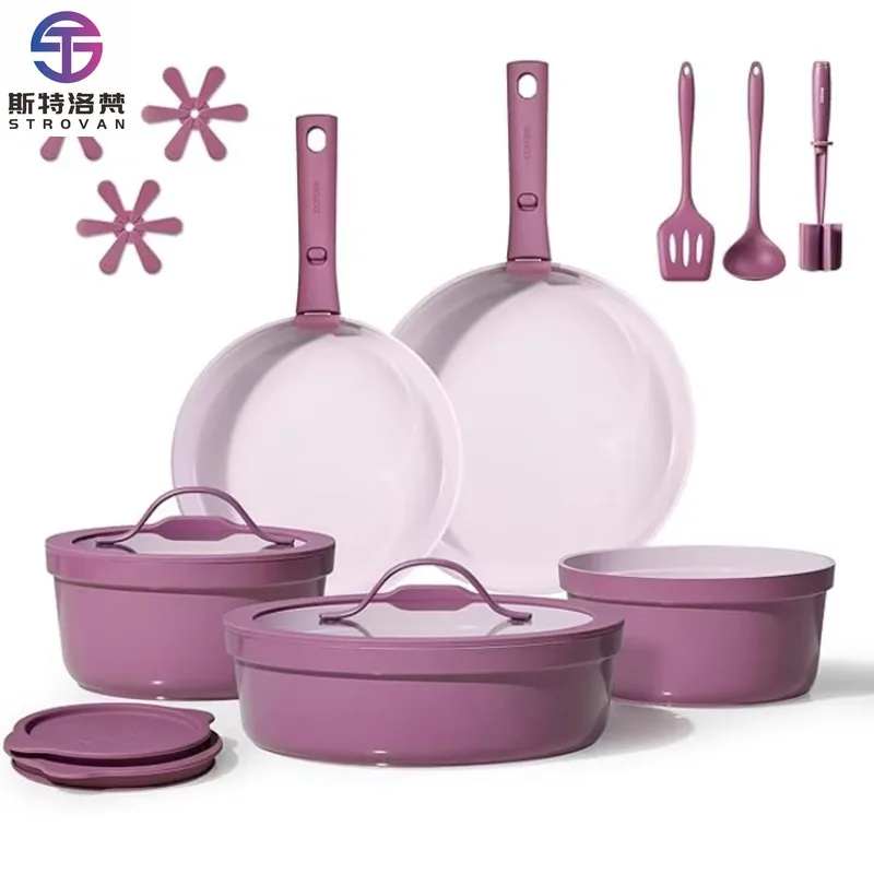 Skillful Manufacture 21PCS Nonstick Induction Ceramic Cookware Set Fashionable Purple RV Kitchen Cooking Utensils Pan Set