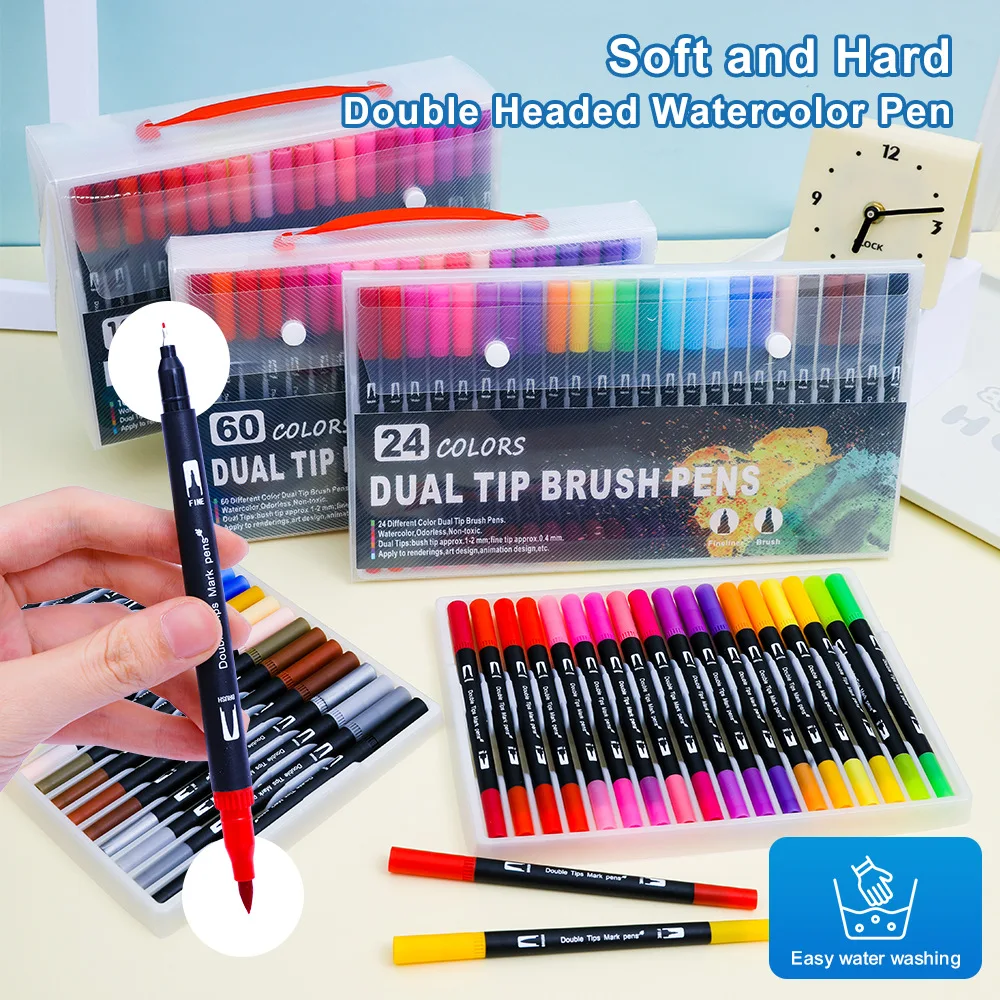 Stylos pinceaux aquarelles 24/60 couleurs, marqueurs doubles lavables à l'eau, pour dessin, coloriage, croquis, graffiti, cadeau de Noël