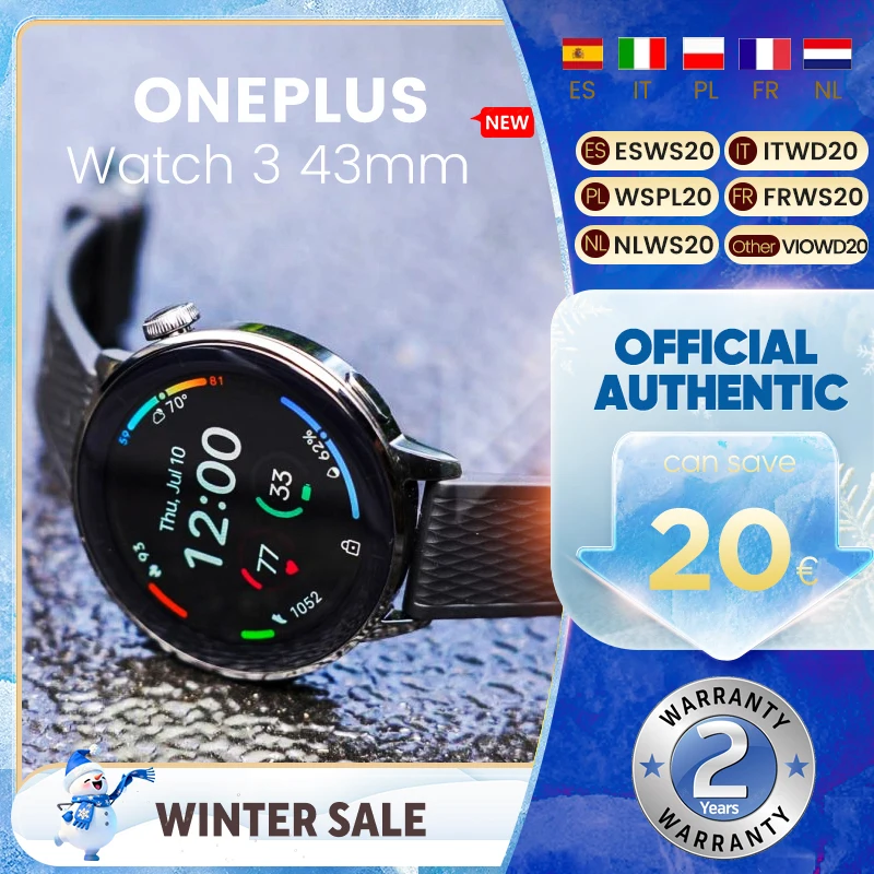 Versione globale OnePlus Watch 3 Smart Watch 43mm Display AMOLED da 1,32 pollici Processore Snapdragon W5 Sistema di usura GPS a doppia frequenza