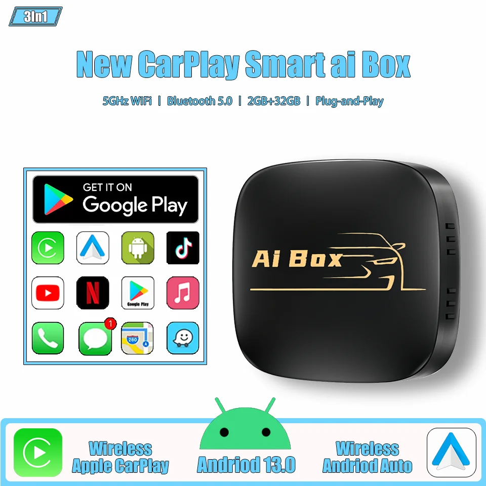 

2025 New Carply Video Box Android13 Multimedia Smart Box Wired to Wireless Apple CarPlay & Andriod Auto Built-in Netflix YouTube