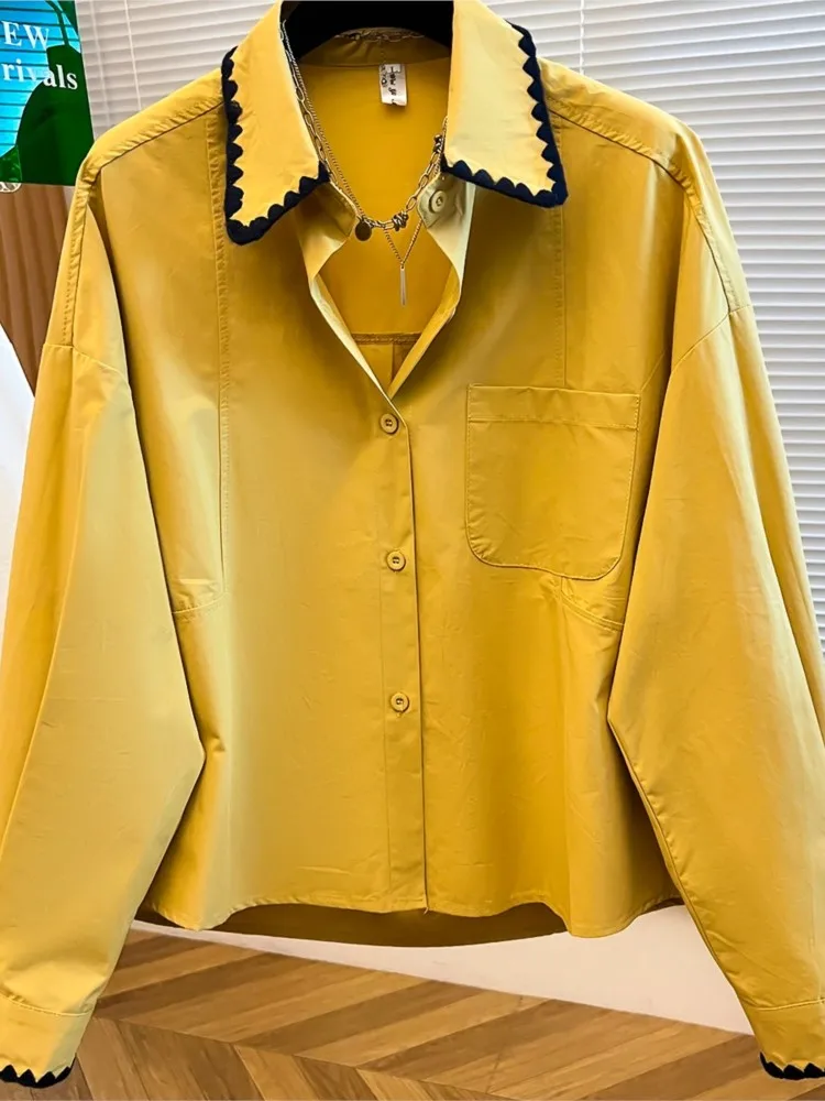 Loose Long Sleeve Women shirt Korean Yellow Floral Trim Splicing Breathable Comfortable Cotton Commute Fashion Ladies tops