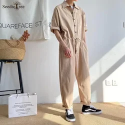 Tuta da uomo casual estiva tinta unita stile safari set da uomo monopetto risvolto maniche corte pantaloni alla caviglia con lacci