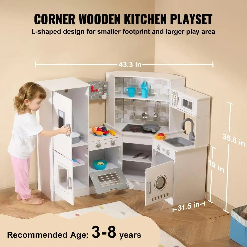 Kids Kitchen Playset Pretend Cooking Toy with 24 Accessories White Educational Fun Gift for Children