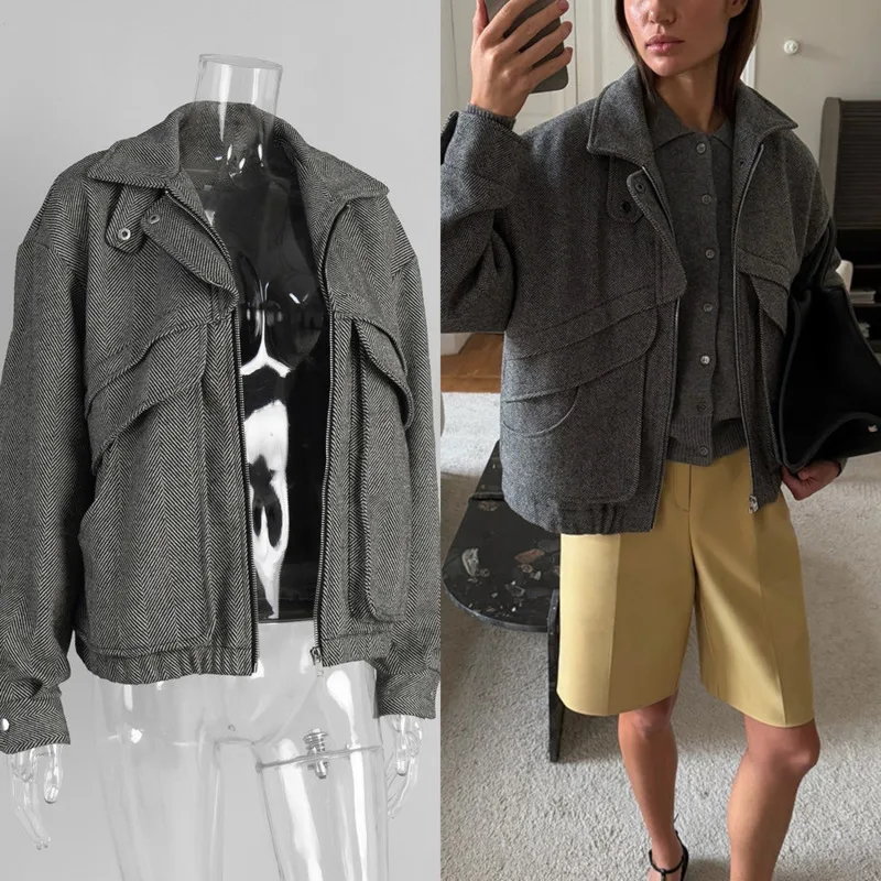 

Fashion Cropped Jacket Women High Neck Zip Up Loose Fit Casual Coat With Patchwork Style Perfect For Autumn Streetwear Outfits