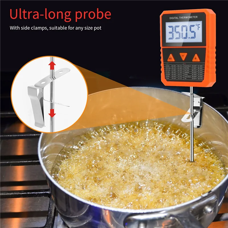 

ABZY-2X Probe Candy Thermometer With Pot Clip,Alarm Function,IPX6 Waterproof Rotatable Large Display Deep Fry Oil Thermometer