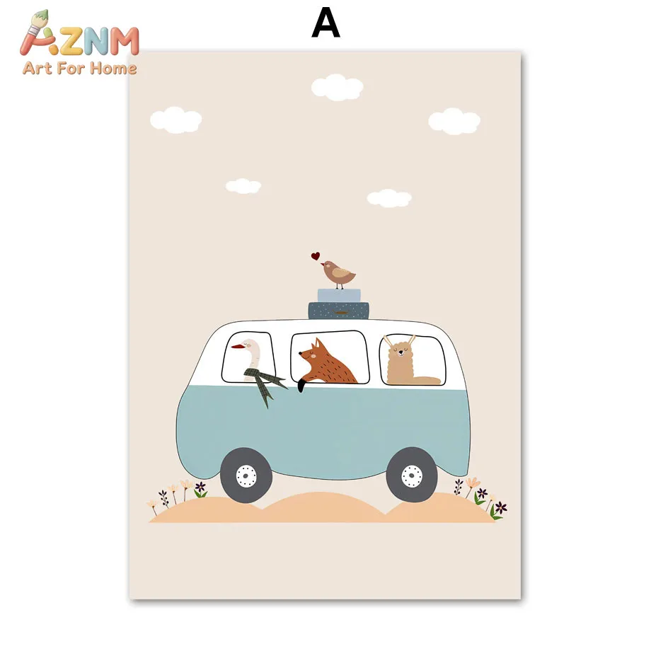 AZNM Boho Cartoon Travel Van Canvas Wall Art Cute Fox Llama Goose Bee Daisy Floral Neutral Pastel Print Unframed Canvas Kids Nur - view 3