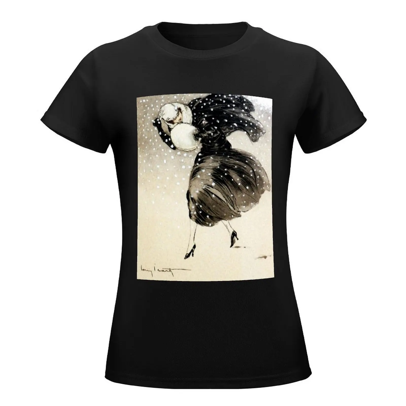 French Art Deco fashion art, Woman In a Snow Storm T-Shirt Short sleeve tee funnys t-shirts for Women loose fit