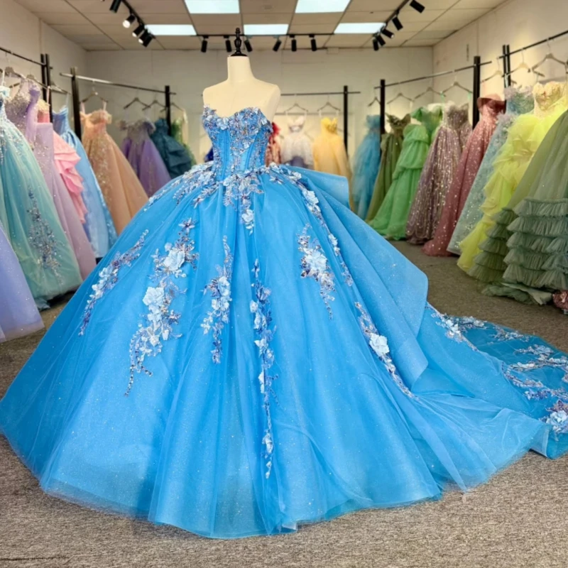 

Синее блестящее платье принцессы с открытыми плечами Sweet 16, платья Quinceanera, аппликация, цветочные бусины, тюлевые платья для вечеринки, дня рождения, 15 де