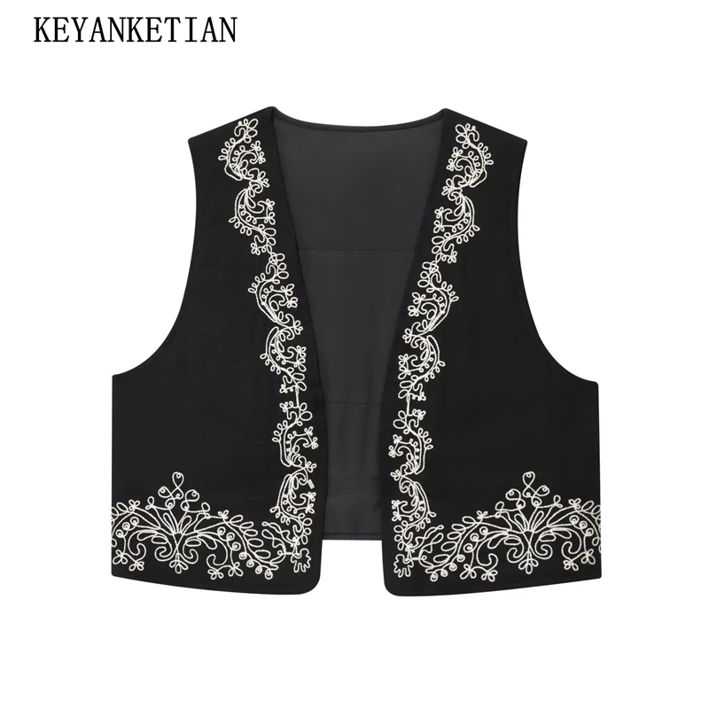 

KEYANKETIAN 2025 Summer New Ethnic style Embroidery Decoration Waistcoat Vest Women's V-Neck Sleeveless Thin Crop Top Camisole