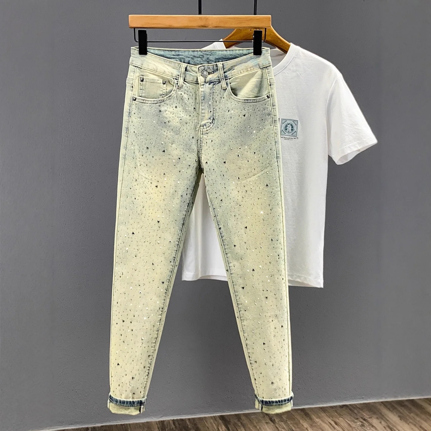 

Korean Popular Clothes Pants Washed Hot Diamond Jeans Men's Elastic Slim Pants Men's Trendy Brand Long Pants Menswear Clothing