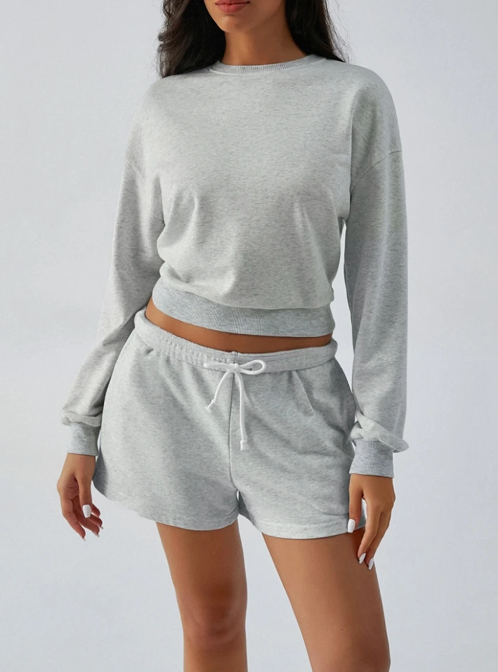 Women's Two Piece Set Solid Color Casual Tracksuits Pullover Round Neck Long Sleeved Sweatshirt and Drawstring Shorts Set