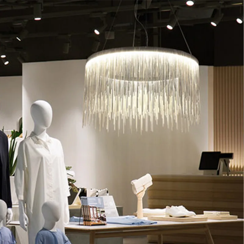 

Люстра с кисточками, скандинавская серебряная лампа, круглая светодиодная алюминиевая цепная лампа для спальни, гостиной, столовой, виллы, украшения зала, светильники