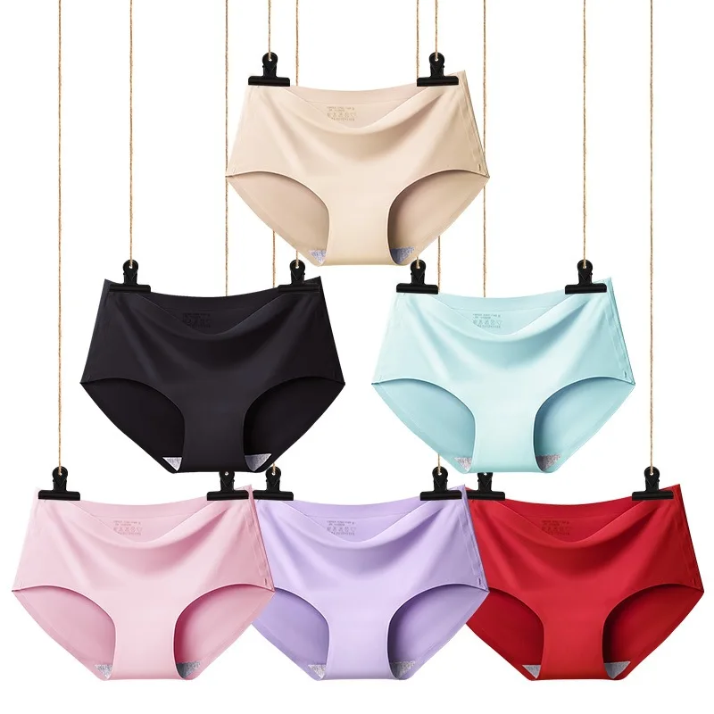 

6 Packs of Non-marking Panties Women Mid-Waist Solid Colour Thin Section of Summer Ice Silk Panties Girl Sports Triangle Pantty