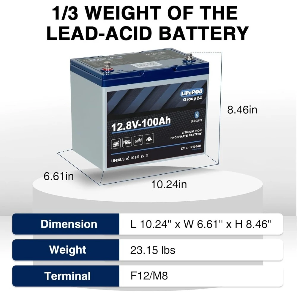Batteria al litio Bluetooth LiFePO4 12V 100Ah Gruppo 24, BMS 120A integrato, protezione dalle basse temperature Ciclo profondo 500A/3S Picco