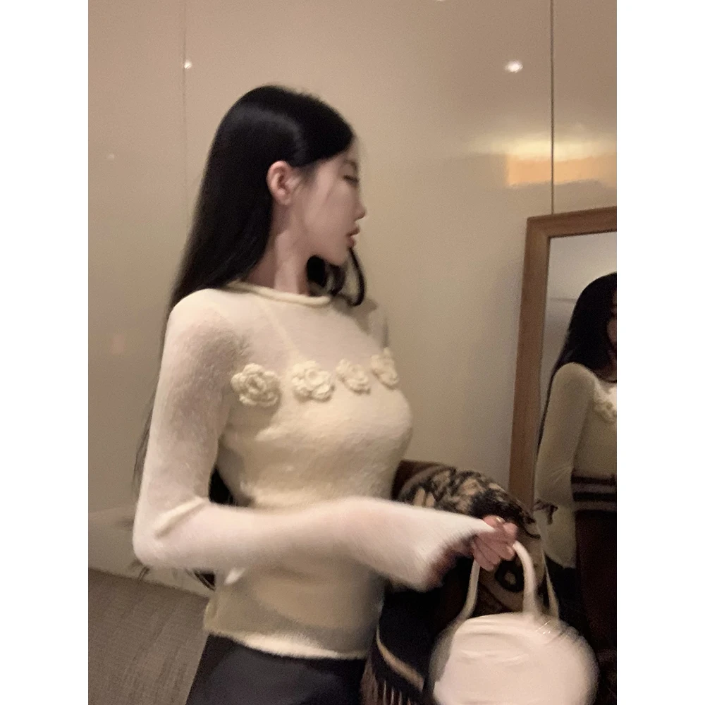 3D Floral Knitted Sweater Pullover Thin Perspective Pull Femme Y2k Top Sun Protection Shirt Korean Fashion Sueter Mujer