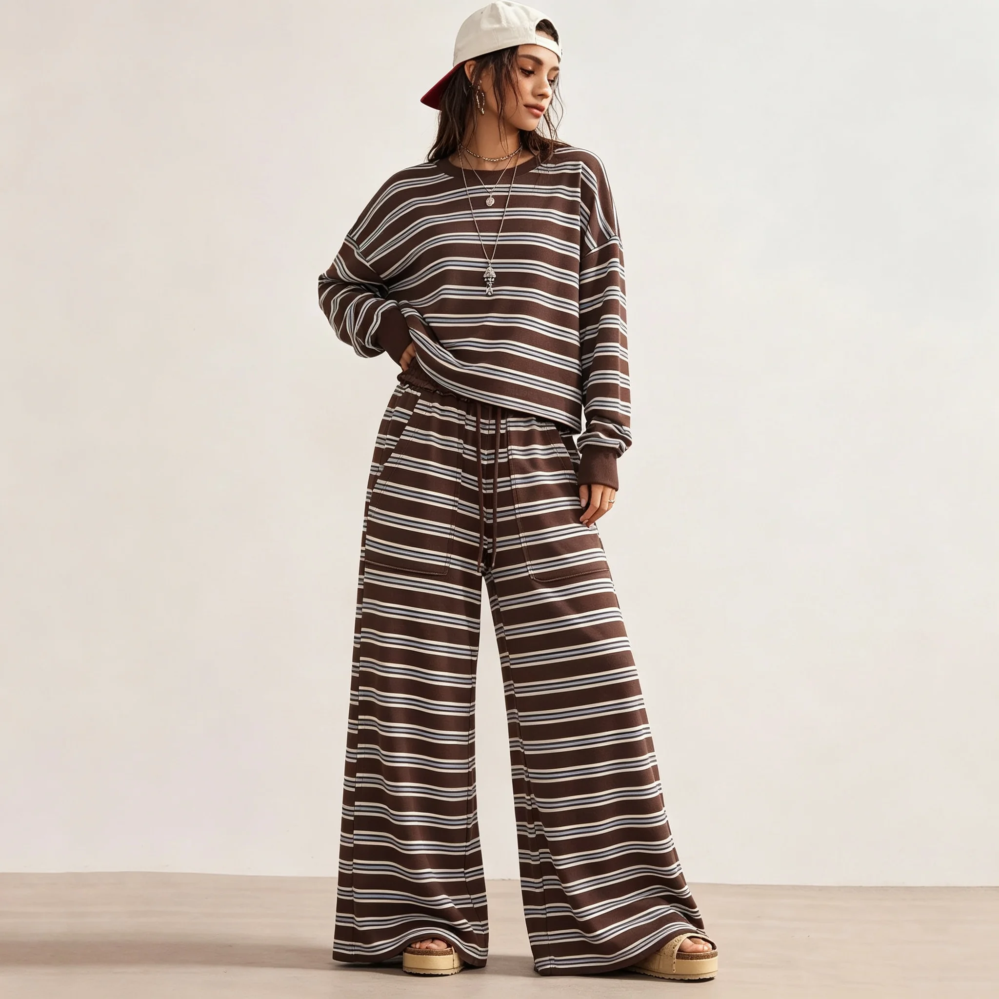 RU Loose Stripe Long Sleeve Sweatshirt Elastic Waist Wide Trousers Matching Set Suitable For Casual Commute Streetwear