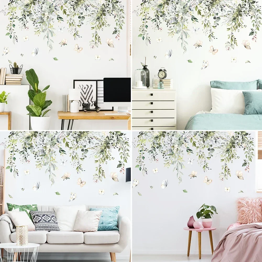 Green Leaf Butterfly Ivy Plant Wall Sticker Kids Room Nursery Art Mural Self-adhesive Bedroom Living Entrance Wall Decal Decor