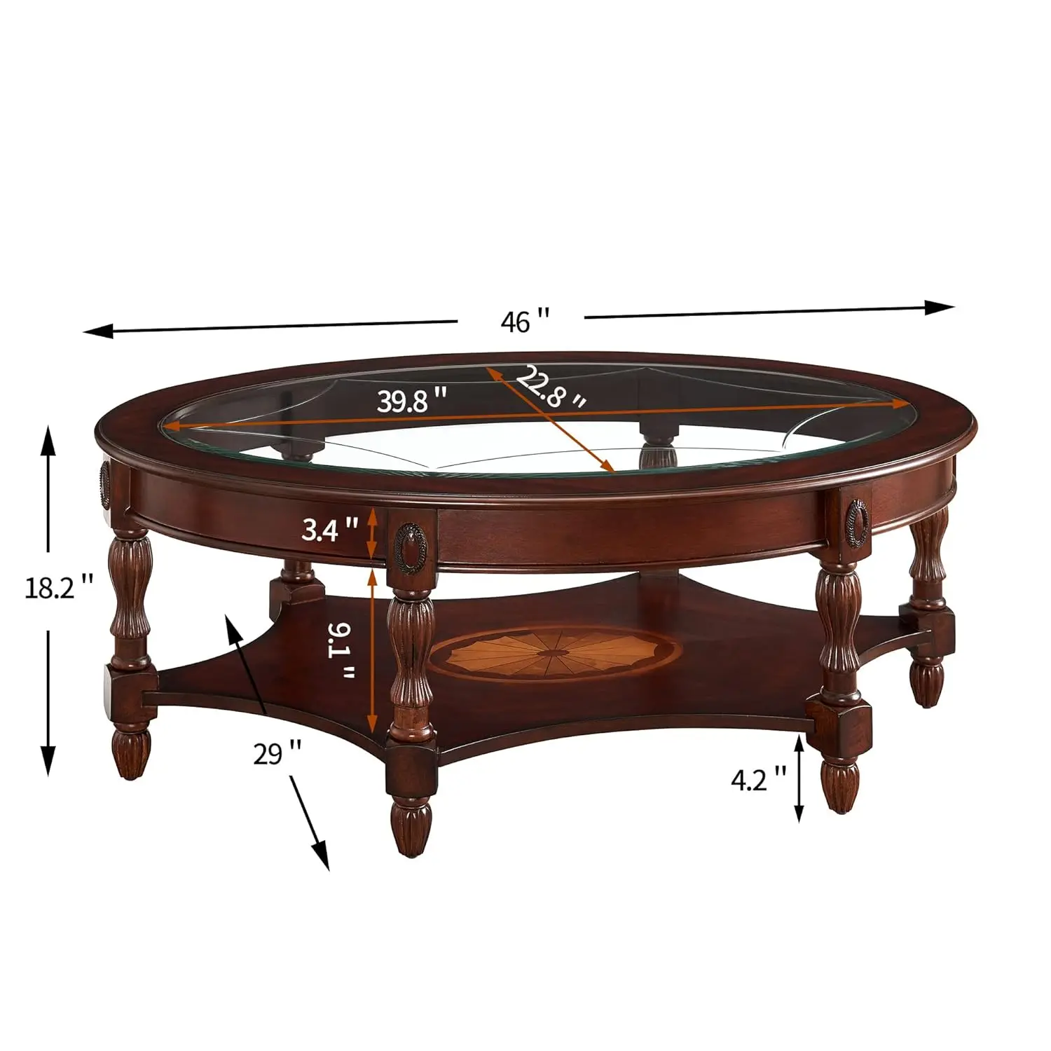 Mesa de centro tradicional de madeira maciça com tampo de vidro temperado, mesa de coquetel oval com prateleira de armazenamento para sala de estar, escritório nogueira
