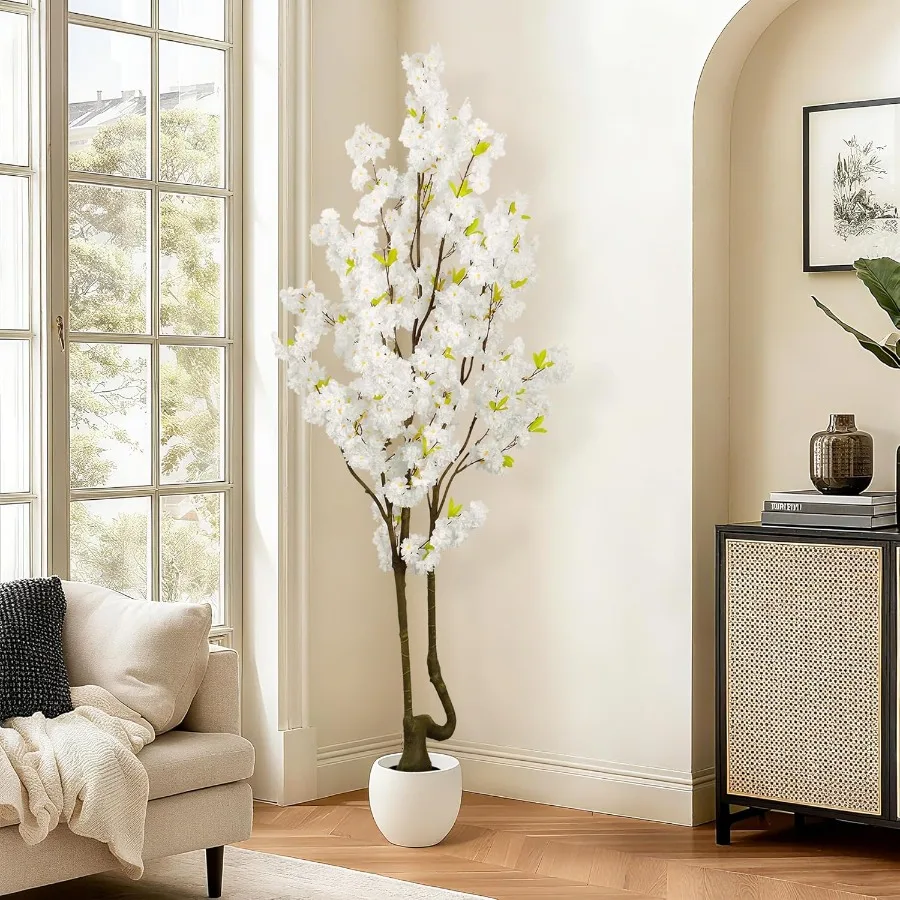 شجرة زهر الكرز الأبيض الصناعي بطول 7 أقدام 84 بوصة نبات اصطناعي ديكور داخلي لحفلات الزفاف وغرفة المعيشة والمكتب والاستخدام الخارجي