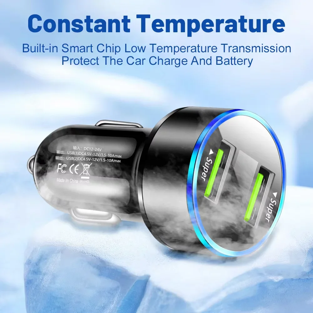 

Car Charger Dual USB Ports 120W Super Fast Charging with Digital Display Quick Charging Adapter for IPhone Samsung Xiaomi