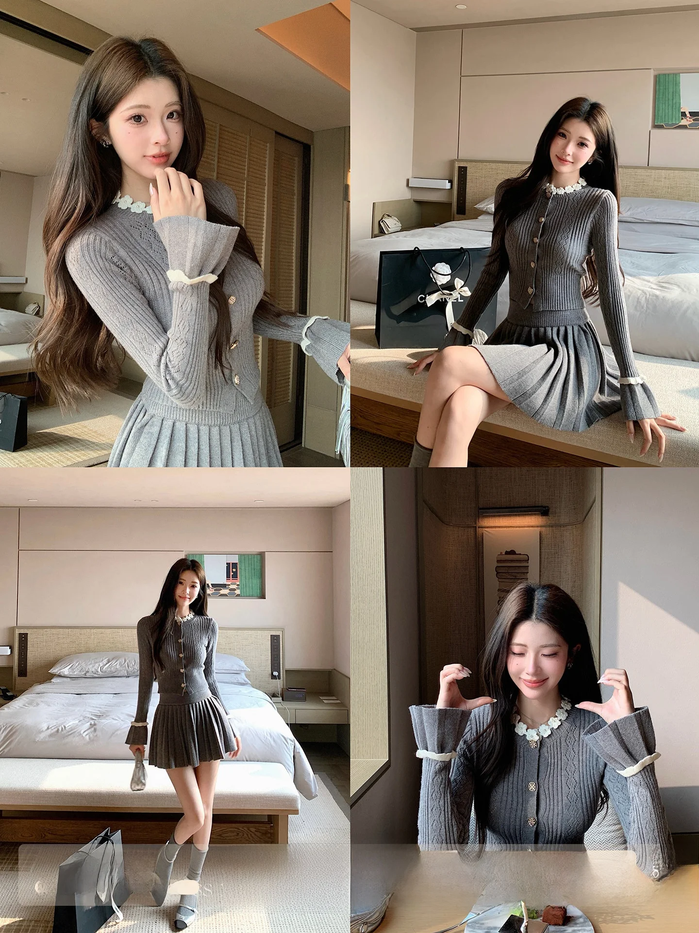 

Grayson College Style Elegant Sweet Girl Hook Knitted Sweater Skirt Set Women Winter Short Skirt Long Sleeve V Neck Pearl Series