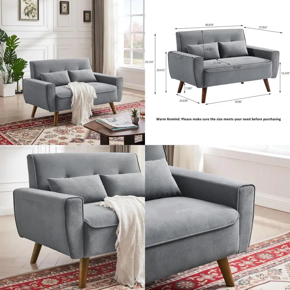 Mid Century Modern 2-Seater Loveseat Sofa with Cushions and Wooden Legs for Living Room and Bedroom
