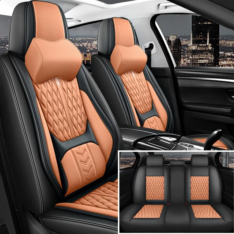 Luxury Nappa Leather Car Seat Covers 5 Seats + 2 Memory Foam Headrests,  3D Waist Support Full Leather Cover Comfortable
