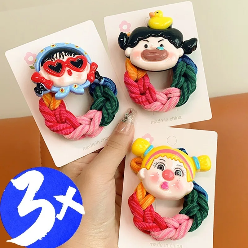 1/3Pcs Cartoon Weave Hair Rope Women Cute Doll Colorful Handmade Hair Rings Girls Rainbow Thick Scrunchie Elastic Headwear