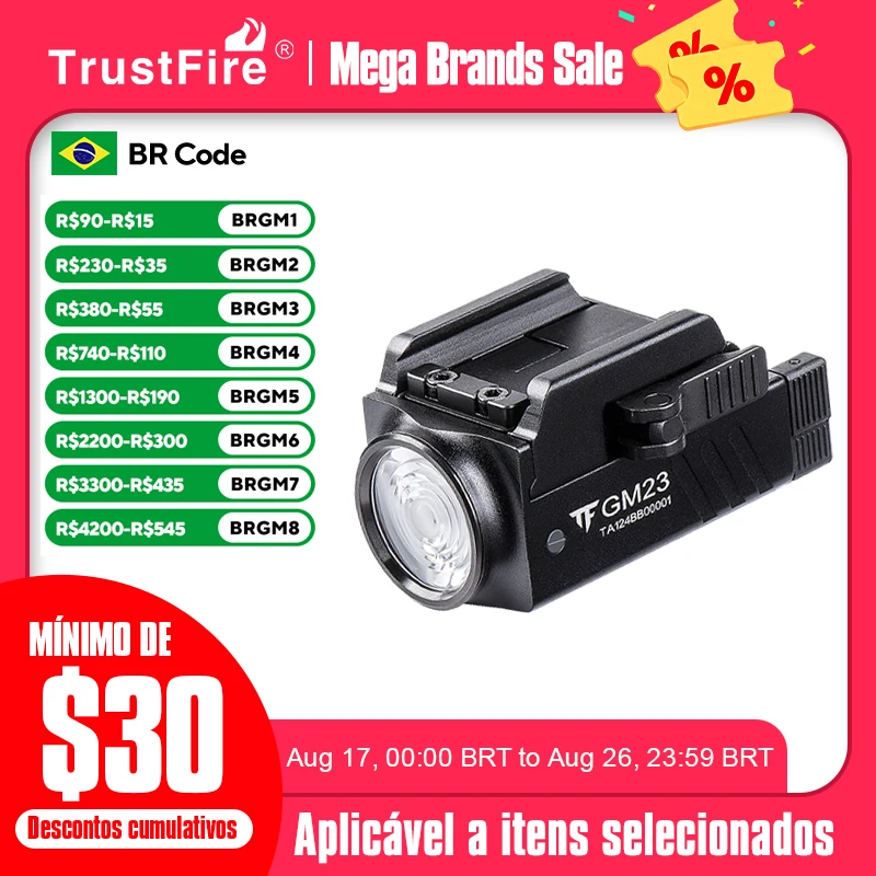 TrustFire GM23 Lanterna LED tática compacta e poderosa GL0ck montada em trilho de luz de liberação rápida tocha recarregável USB