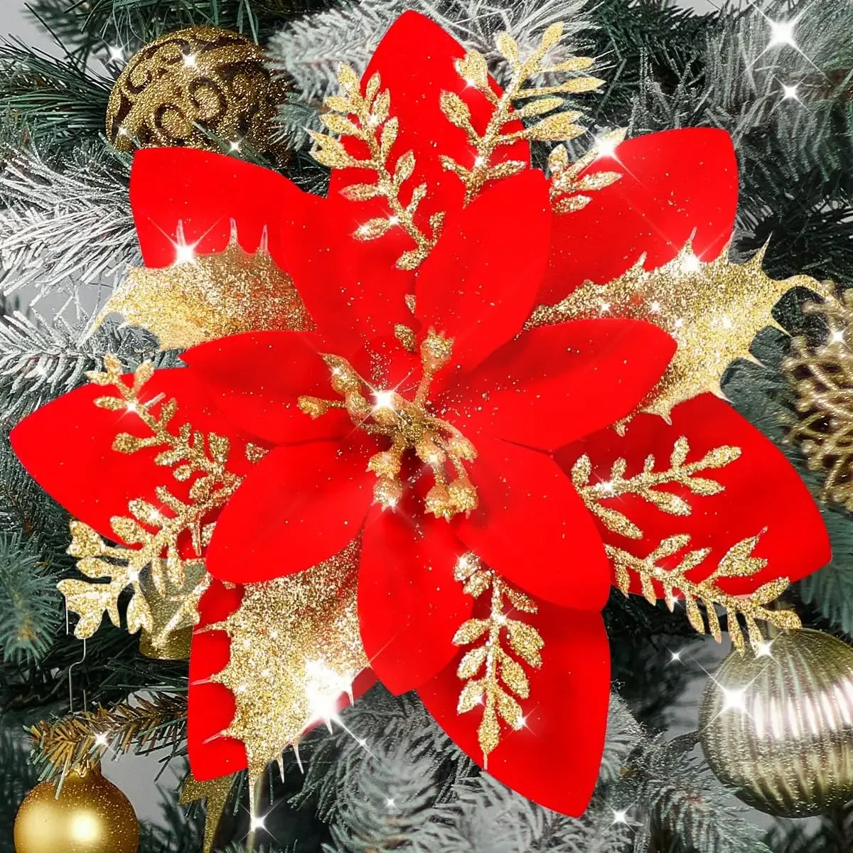 10/1Pcs Christmas Artificial Flowers Glitter Poinsettia with Clips Xmas Tree Ornaments DIY Wreath Wedding New Year Decorations