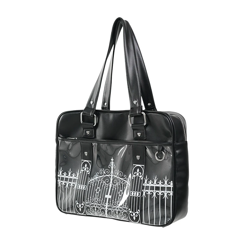 Gothic Ita Bag mit transparentem PVC-Fenster, Damen-Umhängetasche mit Eisentor-Design-Print, Vintage-Handtasche, schwarze Tragetasche – Detail 3