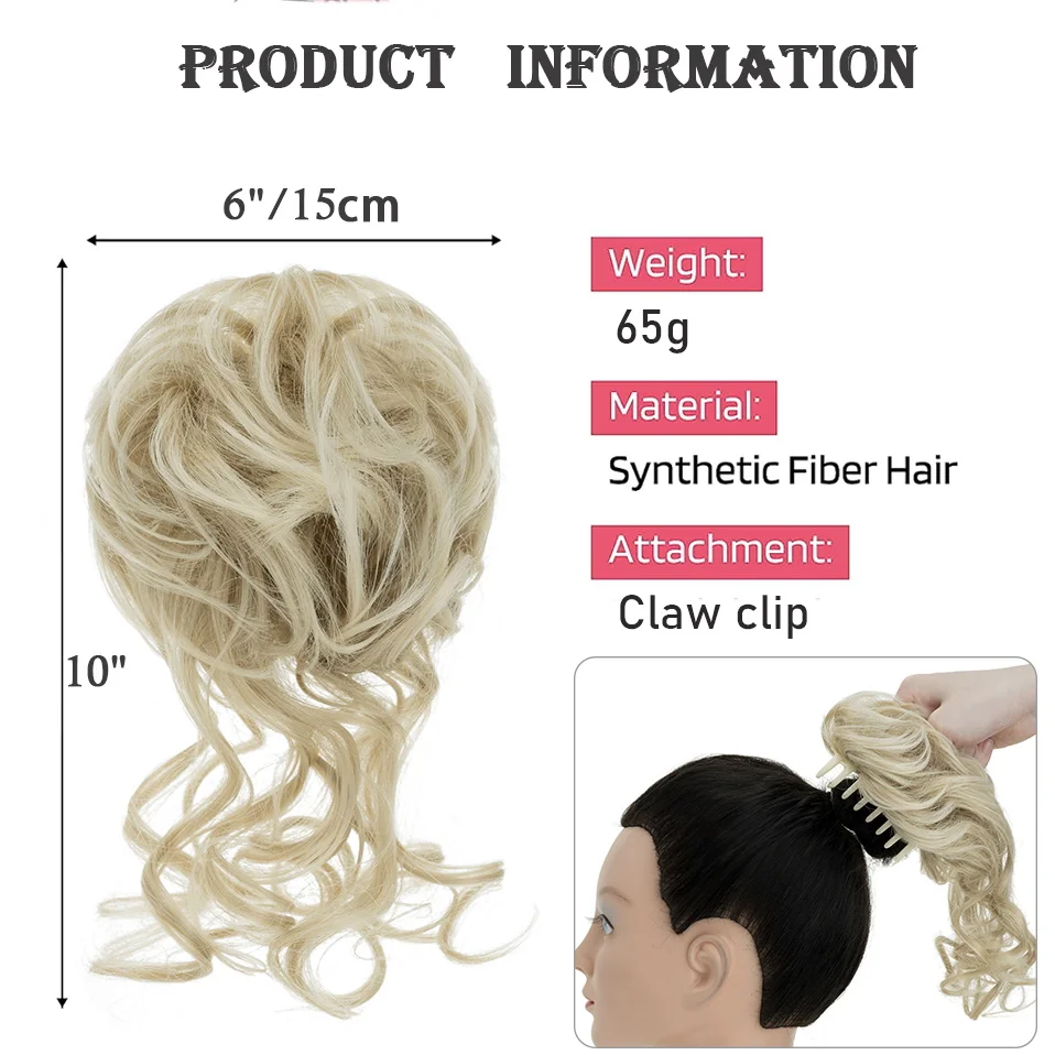 Synthetic Messy Bun Hair Piece Claw Clip Curly Wavy Hair Bun Tousled Updo Hair Extensions Scrunchie Long Beard Chignon for Women