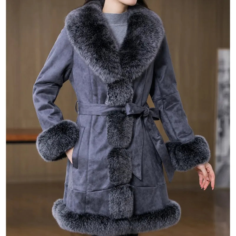 2022 New Real Rabbit Fur Coat Double Face Rabbit Fur Clothing Medium-Long Women Winter Warm Fur Overcoat Fox Fur Cuffs Collars