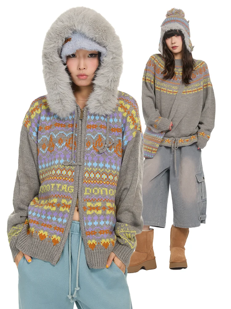 

DNT Retro Faionable round Ne Loose Knitted Sweater Faer Island Zipper Coat Autumn Winter New Arrival Warm Thermal Women's...