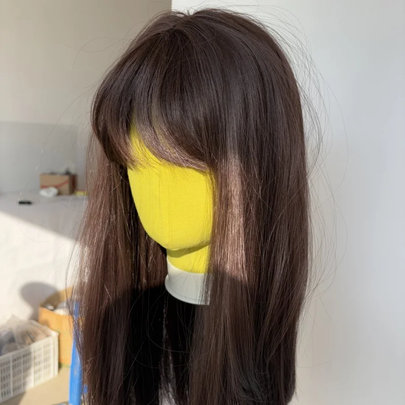 

Long Straight Dark brown Women Heat Resistant Hair Soft Cosplay Wigs With Bangs