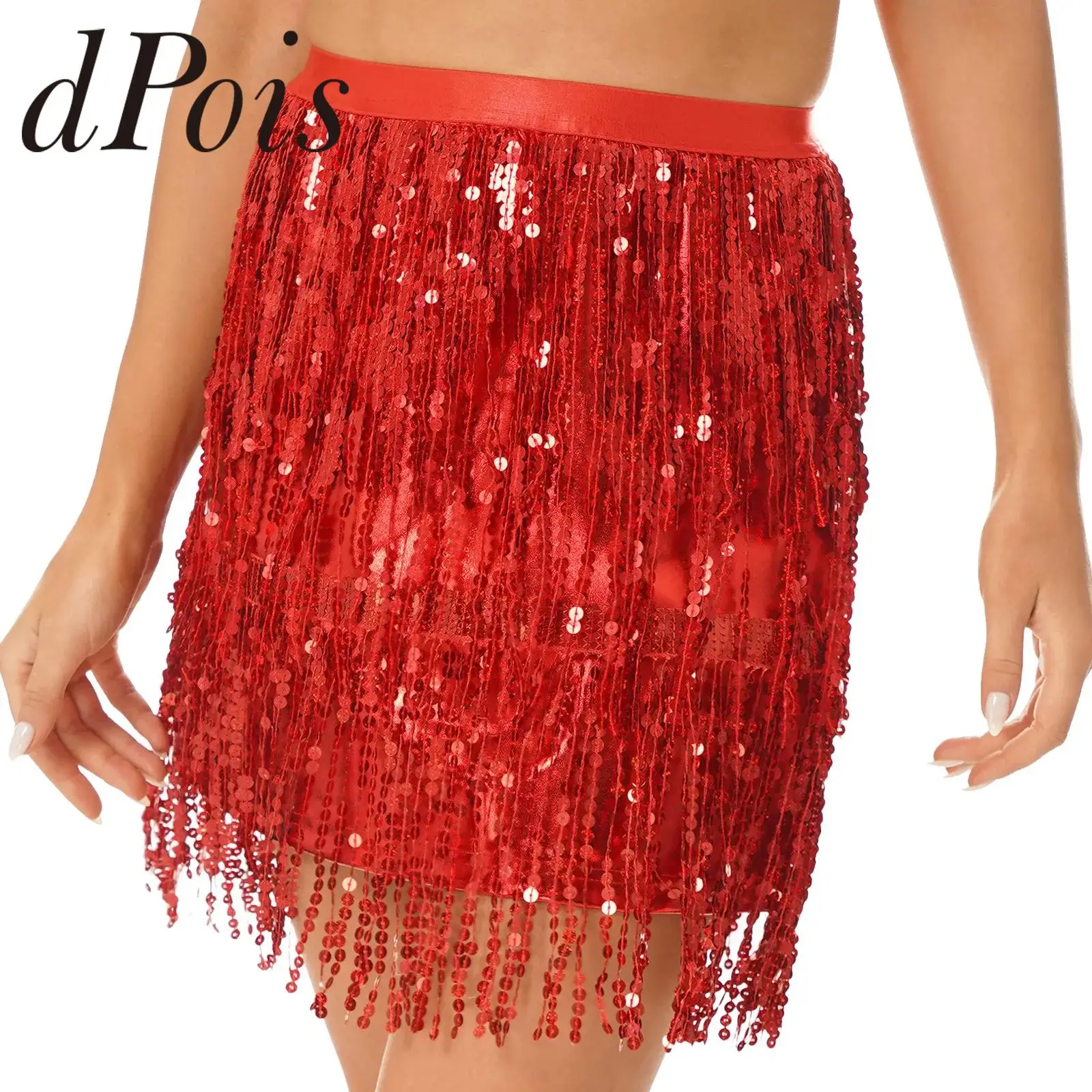 

Womens Sparkly Sequin Tassel Skirt Latin Dance Performance Costume Clubwear Bellydance Costume Dancewear Fringed Mini Skirts