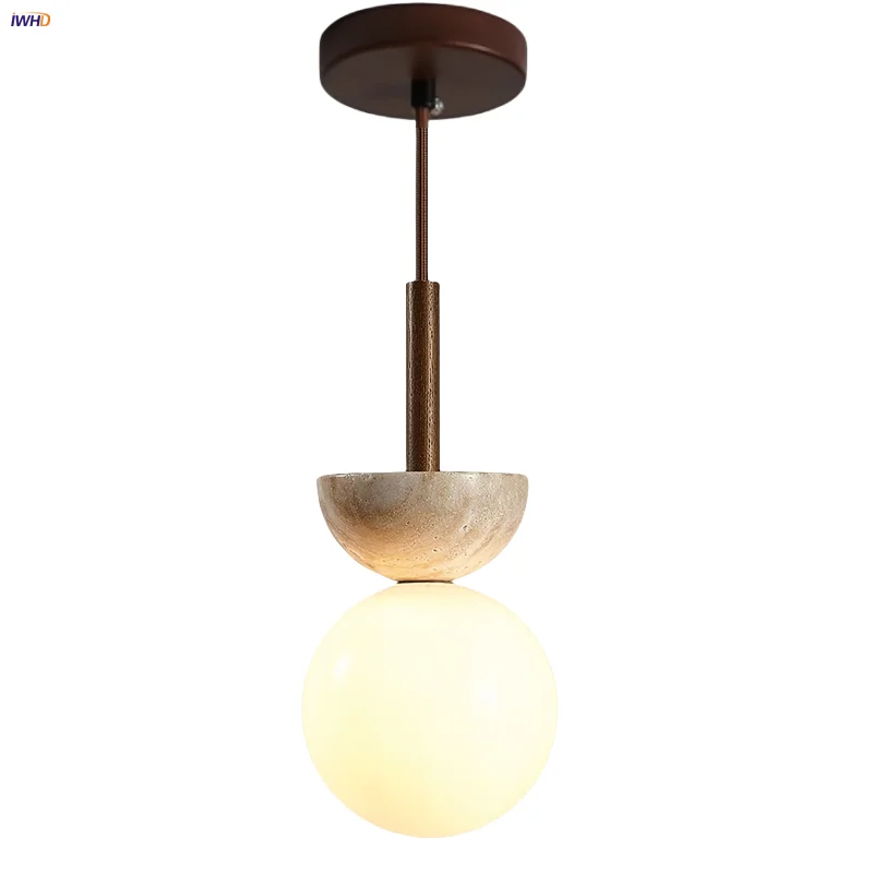 

IWHD Home Decor LED Pendant Light Bedroom Restaurant Wabi Sabi Yellow Travertine Stone Wood White Glass Nordic Modern Hang Lamp