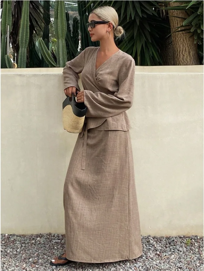 

Fashion V-neck Lace-up Shirt + Skirt Two-piece Sets Women Solid Color Spring Elegant Top Skirt Suit For Women 2025