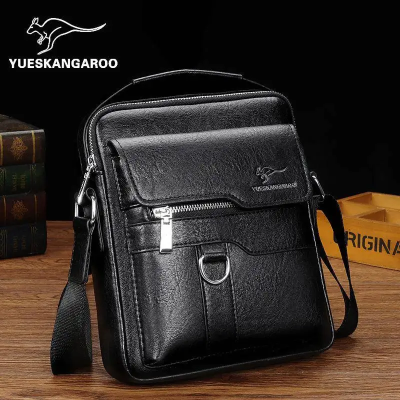 Fashionable Casual Men's Shoulder Bag Kangaroo Male Bag Crossbody Bag Street Trend Business Pure Color PU Leather Handbag