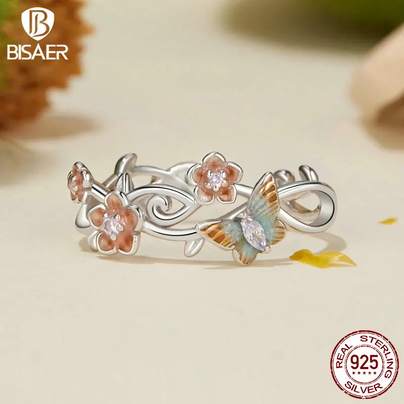 BISAER 925 Sterling Silver Romantic Cherry Butterfly Open Ring Kingfisher Flower Band Plated White Gold for Women Fine Jewelry