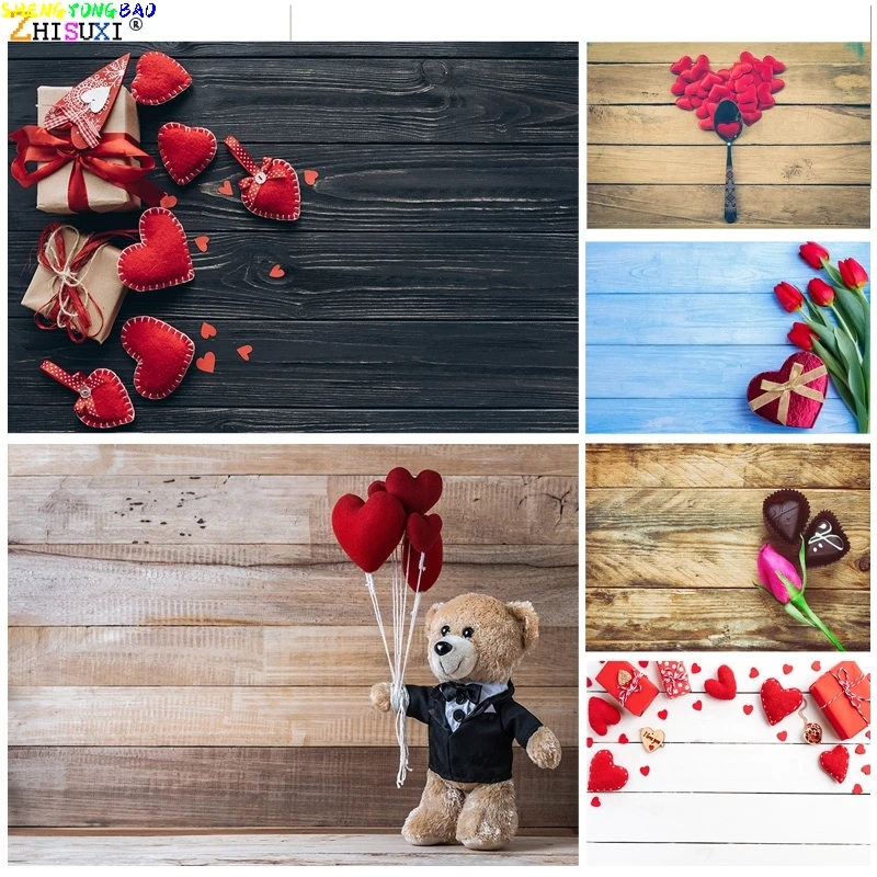 

Vinyl Custom Valentine Day Photography Backdrops Prop Love Heart Rose Flower Wooden Floor Photo Studio Background ZOOM-05
