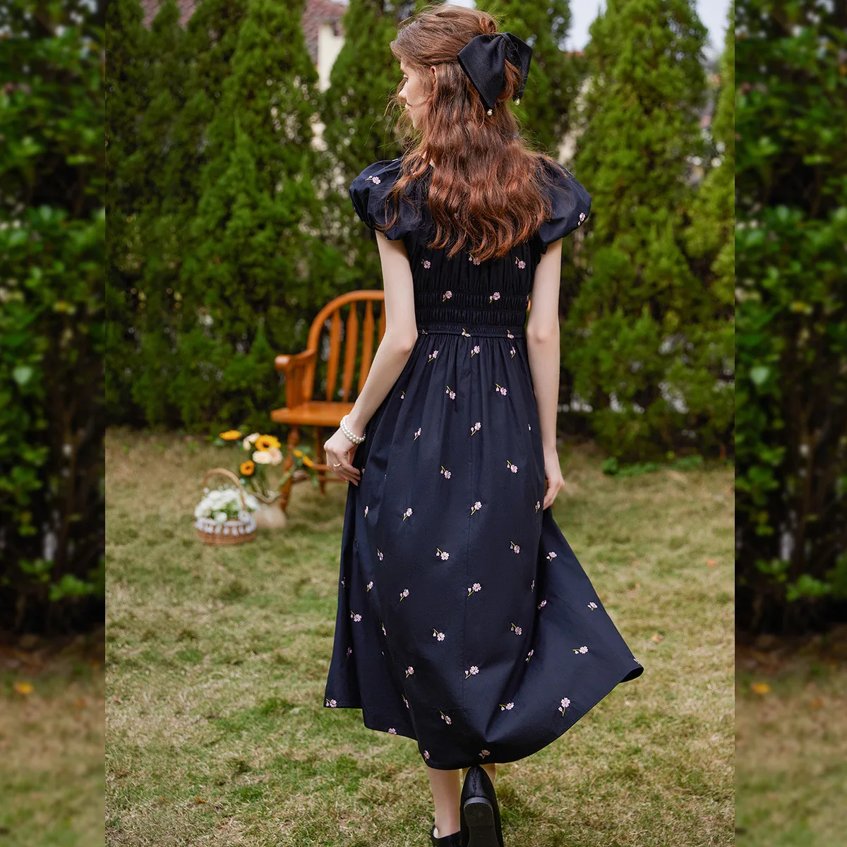 LOUIS YAO 2025 Summer Simple Square Neck Style Fashionable Non Elastic Cotton Embroidered Slimming Long Women's Dress