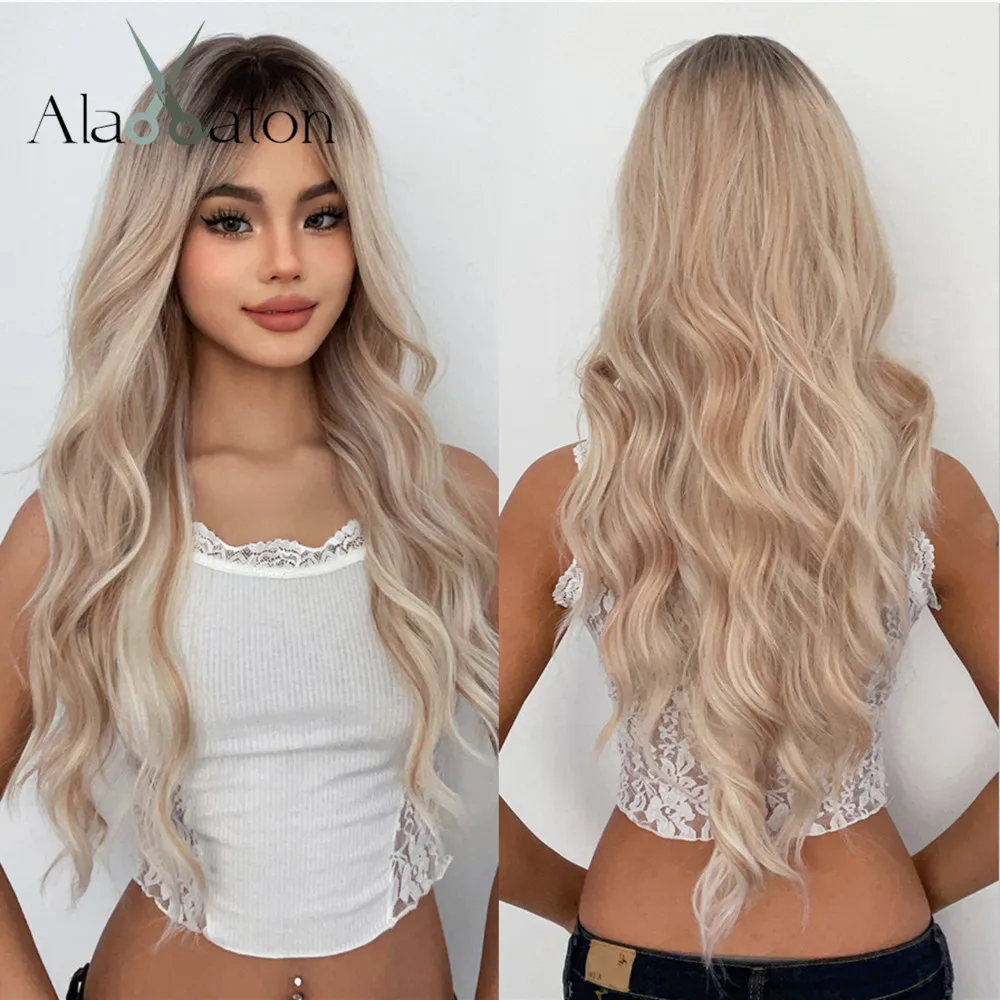 ALAN EATON Blonde Synthetic Wigs Long Wavy Highlight Wigs with Bangs Ombre Natural Looking Daily Wig Heat Resistant Fiber Party